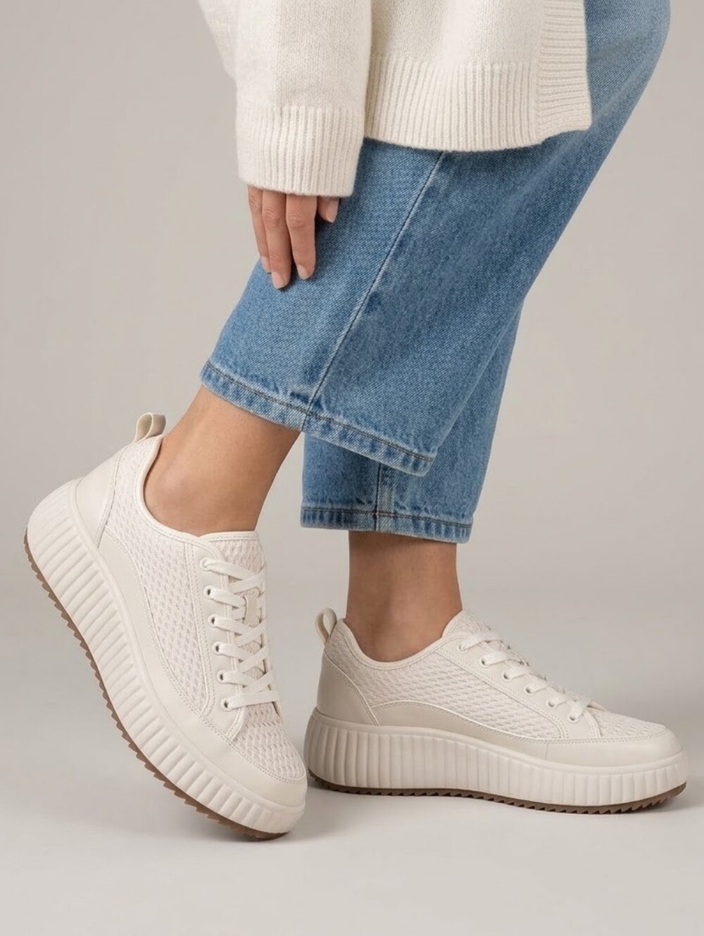 NWT Dream Pairs Ivory Woven Knit Platform Sneakers Casual Lace-Up 7.5 / EU 38.5
